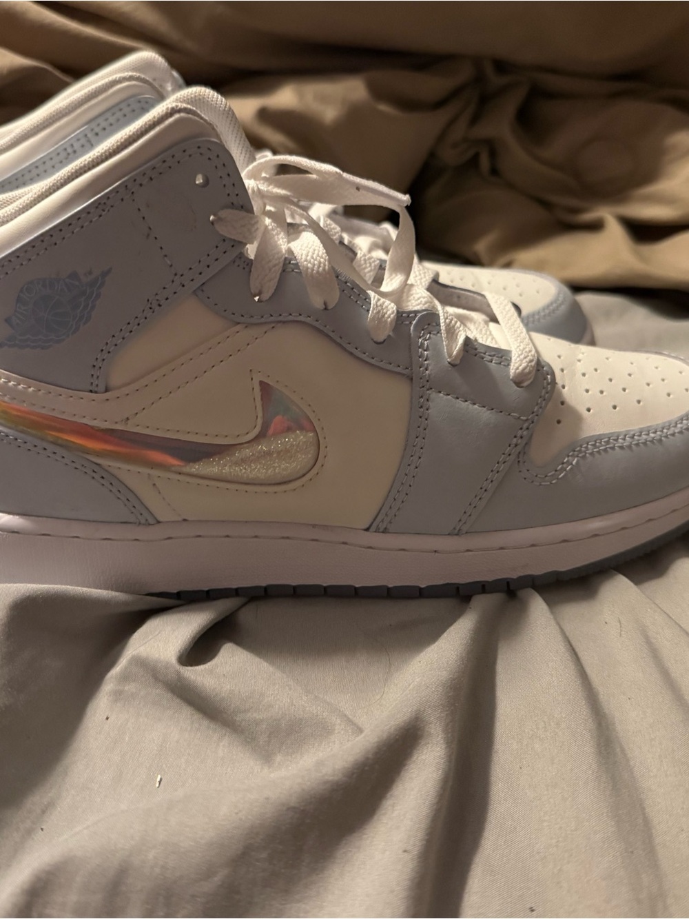 Nike Kids White and Light Gray Iridescent Swoosh Sneakers